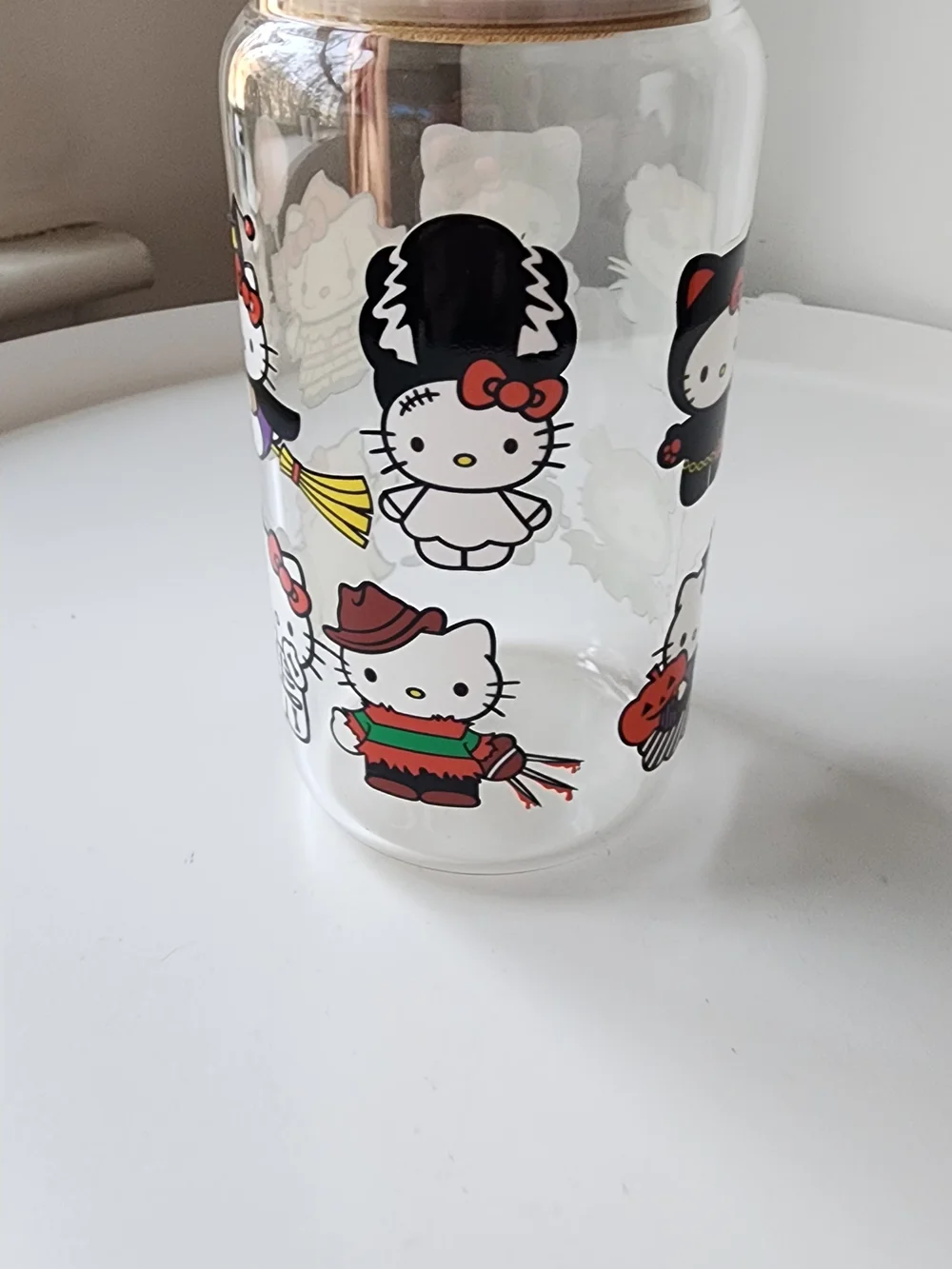 Hello Kitty Halloween Clear Glass Bottle with Black and Red Accents
